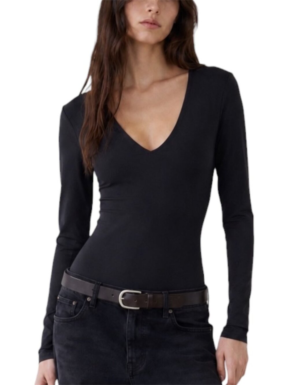 S Leith Black Long Sleeve V-Neck Bodysuit